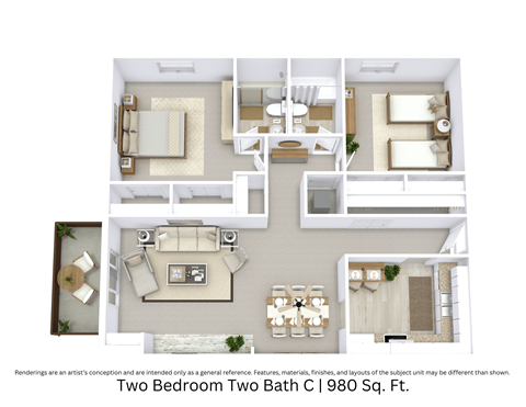 Floor plan for 2 beds, 2 baths, 980 sqft